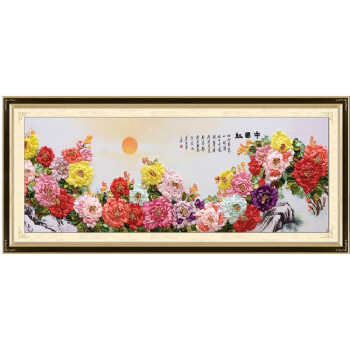 
                                        悠趣 手工绣丝带绣套件 大幅牡丹客厅装饰挂画 185x70cm 中国红 A-382                