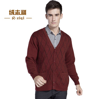 绒志祺中老年<em>男士羊毛衫加厚</em>毛衣V领纽扣<em>开衫</em>
