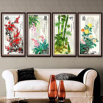 dmc 十字绣3d精准印花客厅大画梅兰竹菊新款十字绣 -3D版梅兰竹菊四联画 11CT 3股 3D精准印花