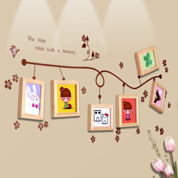 艾法 实木照片墙 时尚创意装饰画儿童相片墙装饰画5框非主流相框组合蝴蝶花 原木031C