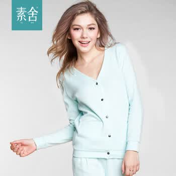 素舍 春秋季长款家居服 纯色开衫女<em>男式</em>情侣睡