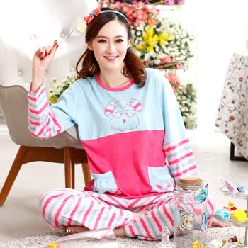 依莉歌 秋<em>冬季女士</em>纯棉<em>睡衣</em> 长袖卡通条纹家居