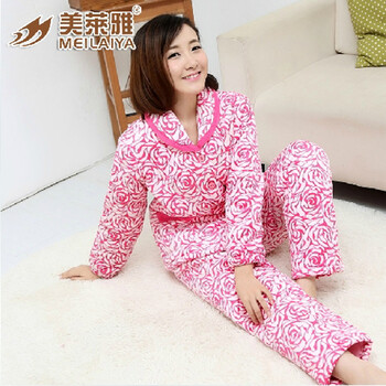 美莱雅家居服秋<em>冬款</em>珊瑚绒<em>女式</em>夹棉睡套加厚保