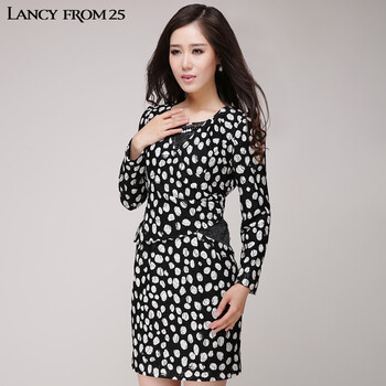 朗姿 高领波点连衣裙 蓝色 C101MW0167小组