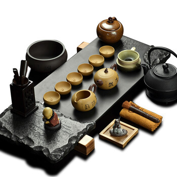 
                                        尚言坊茶具 乌金石天地宽广茶盘 宜兴紫砂功夫茶具套装 圆融自在 新乌金石天地宽广茶盘-紫砂童趣8入套装+小丁铁壶组                