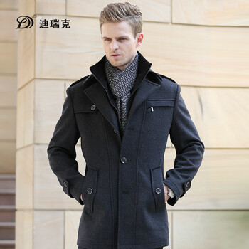 斯巴奴 高档中长款羊毛厚风衣 立领男大衣(黑灰