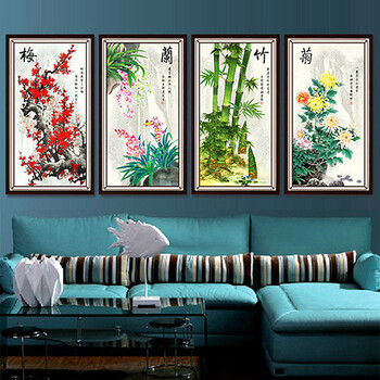 dmc 十字绣3d精准印花客厅大画梅兰竹菊新款十字绣 -3D版梅兰竹菊四联画 11CT 3股 3D精准印花