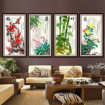 dmc 十字绣3d精准印花客厅大画梅兰竹菊新款十字绣 -3D版梅兰竹菊四联画 11CT 3股 3D精准印花