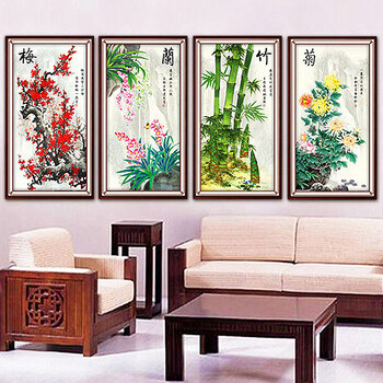 dmc 十字绣3d精准印花客厅大画梅兰竹菊新款十字绣 -3D版梅兰竹菊四联画 11CT 3股 3D精准印花