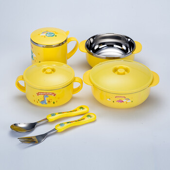 蔓葆儿童不锈钢餐具套装六件套 黄色