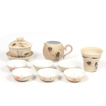 水<em>善品</em> 粗陶手工手绘陶瓷功夫茶具套装 写意荷