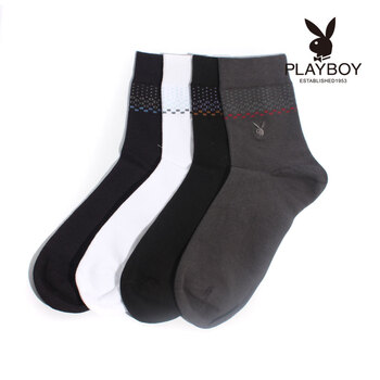 PLAYBOY 花花公子 男士条纹纯棉透气排汗休闲中统袜子四色可选2155 4双装（颜色随机） 混色 均码