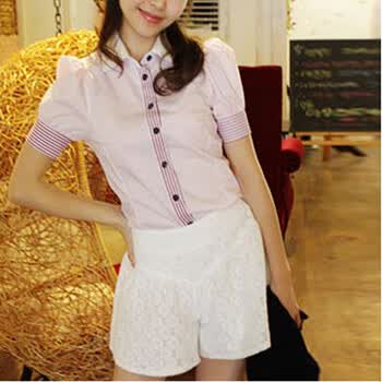 亿品EPIN11蕾丝花边领海军风短袖衬衫7405 粉色 M