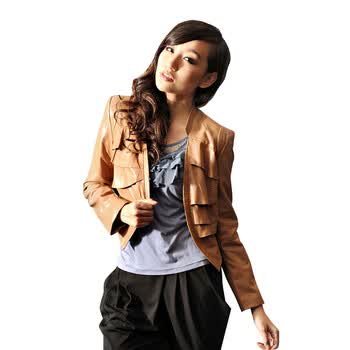 衣香丽影2012春装新款淑女立领外套荷叶边短款水洗小皮衣9131027 桂圆黄(66) XL