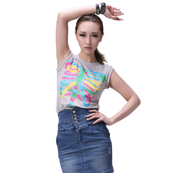 艾橙女装2012夏装新款个性骨骼印花无袖女T恤TLX23135 灰色 均码