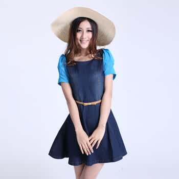 如奕正品2012夏新款 女 欧美复古牛仔网纱袖连衣裙 预售 送腰带 天蓝色 XL