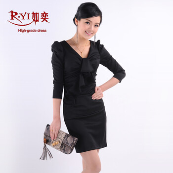 如奕正品 2011秋冬新款 OL修身 女 七分袖优雅连衣裙 黑色 XL