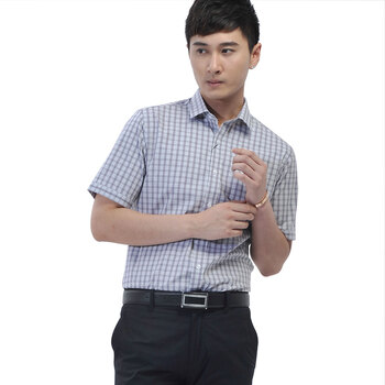 MAN FRIDAY 男装2012新品 经典商务休闲渐变小格纹男短袖衬衫 渐变灰色格戗紫条 44