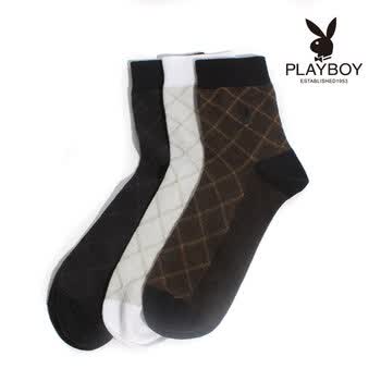 PLAYBOY 花花公子天丝纤维吸湿排汗菱形格子休闲中筒男棉袜子2121 咖啡 均码