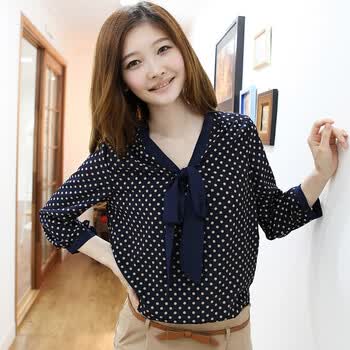 韩都衣舍 韩国2012春夏装新款女衬衫圆点7分袖蝴蝶结衬衫LA1179 蓝色 M