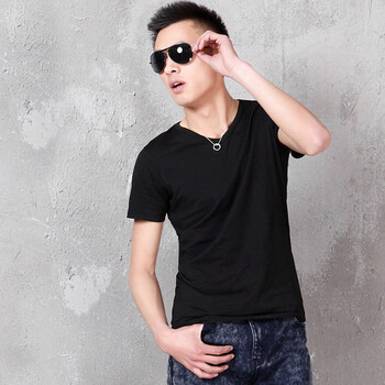 AMH 韩国2012夏装新款男装韩版纯色修身V领常规袖短袖T恤NN2012 黑色 L