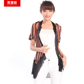 qiustyle新款休闲前后不规则黑白条纹雪纺衫V领女士衬衫7017 浪漫粉 XL