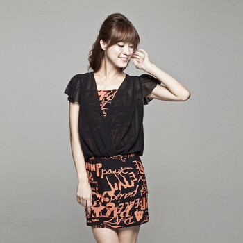 百依秀子 2012夏装新款女装韩式优雅假两件雪纺印花连衣裙2012-B257 桔印花 XL