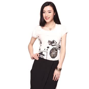 婉甸wandian都会通勤玫红白色图案印花T恤1112133120-203 白色 L