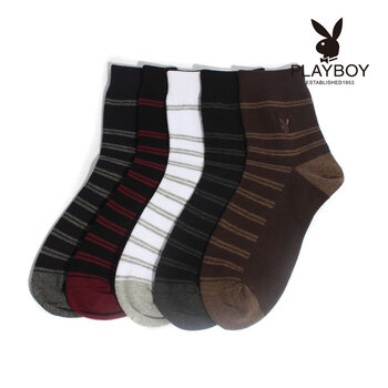 PLAYBOY 花花公子男士纯棉袜时尚经典条纹商务男短筒袜子1097 5双装（颜色随机） 混色 均码