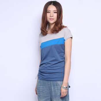 初念 2012 夏季 新款 百搭圆领条纹撞色棉质 抽绳 短袖T恤 女 3色 0112 蓝色 XL/175