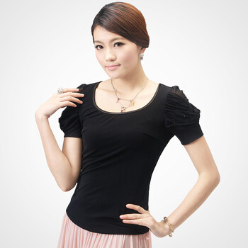 nomi若美专柜春夏新款女装高档蕾丝衫雪纺衫打底上衣16903 黑色 XXL码