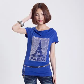 天使园 春夏新品T恤荡领烫钻宝塔配皮带短袖T恤女款宝蓝白色 WD11E-206 蓝色 均码