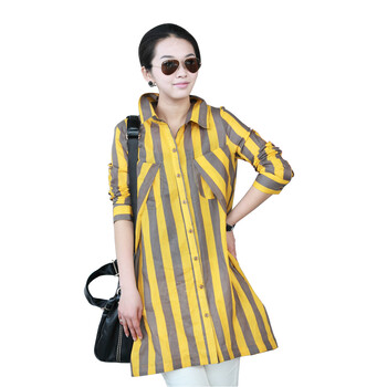 2012新品 韩版宽松长款翻领全棉休闲条纹女衬衫 黄色 L