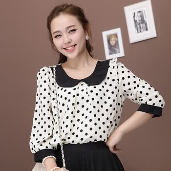 韩都衣舍 韩国2012夏装新款女衬衫圆点宽松圆领雪纺衬衫GQ1159 杏色 M