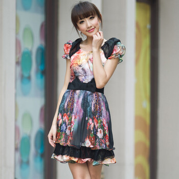 妮蕾迪 2012夏新款优雅甜美亮钻蝴蝶结装饰印花百褶连衣裙1808 桔红色 XXL