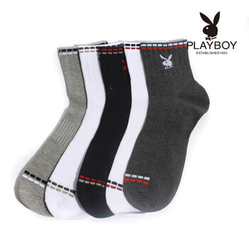 PLAYBOY 花花公子 男式棉袜可爱兔头织花吸湿排汗短筒男士袜子1099 5双装（颜色随机） 黑色 均码 混色 均码