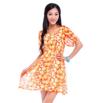 伊莎贝拉 圆领喇叭袖雪纺连衣裙女 I122L0066 桔色 XXL