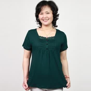达思彼 新款中老年妈妈女装蕾丝边领3粒扣休闲短袖T恤 JS-菲皇07 墨绿 XXXXL