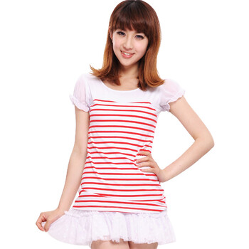 ranzukiy 2012夏装新款 条纹修身 女装 短袖T恤两件套配挂链WA15701 黑色 L