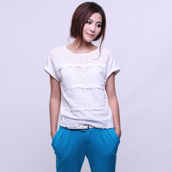 初念 2012夏季 新款 纯棉纯色圆领 蕾丝边短袖T恤 女 2色 白色 L/170