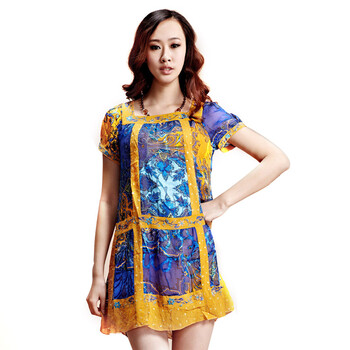 红迪丝HDS 夏装新款中年女装圆领短袖真丝连衣裙100%桑蚕丝H925415 兰 XXL