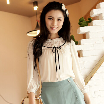 言若 2012新款七分袖圆领缎带蕾丝拼接女式衬衫 SS20311 浅黄色 L