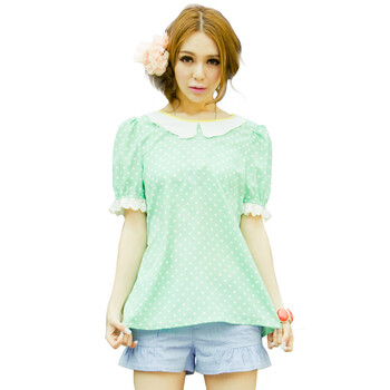 PEACEBIRD太平鸟 夏季新品 波点娃娃领上衣LQ1225201 绿色 L