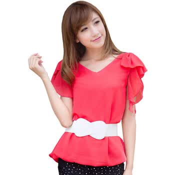 妮蕾迪 2012夏装新款V领荷叶边收腰衬衫A680 红色 XXL'
