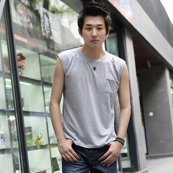 AMH 韩国2012新款夏装男装韩版圆领无袖纯色T恤OE1018 浅灰色 L