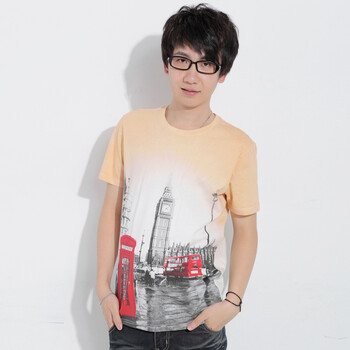 AMH 韩国2012夏新款男士韩版渐变印花修身短袖T恤OJ2082 黄色 XL