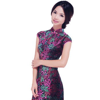 格格旗袍 秋冬新款 真丝花绒抹袖中长旗袍 9220109199 黑色 xl价格