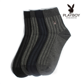 PLAYBOY 花花公子男士商务精梳纯棉条纹休闲袜男袜短统筒袜子2138 4双装（颜色随机） 混色 均码