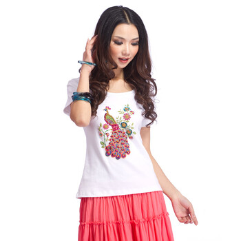 SPGIRL 沐月系列手工刺绣孔雀短袖T恤SP012T033 黑色 XL