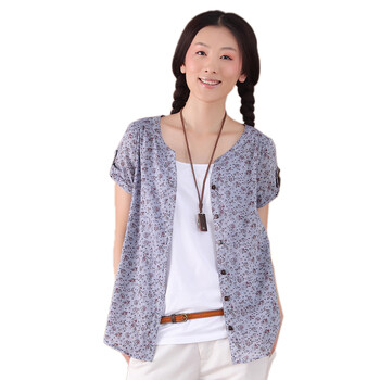 茵曼INMAN2012夏新款袖袢装饰弧形下摆纯棉碎花女衬衫Y822042552 蓝色 XL
